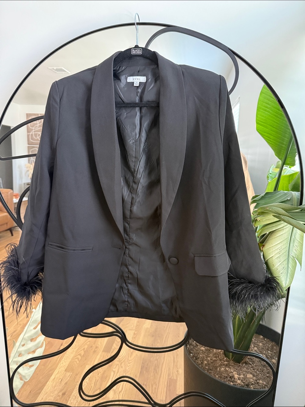 Feather-Cuff Black Blazer Jacket